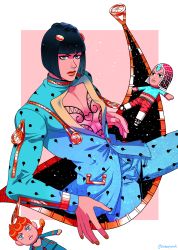 Rule 34 | 1boy, absurdres, black hair, bob cut, bruno bucciarati, character doll, chest tattoo, doll, giorno giovanna, guido mista, hair ornament, hairclip, highres, jojo no kimyou na bouken, male focus, nail polish, pectoral cleavage, pectorals, solo, solo focus, tariah furlow, tattoo, zipper