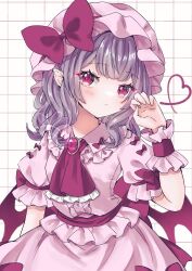1girl alternate_hair_length alternate_hairstyle ascot bat_wings blue_hair blush bow brooch collared_shirt commentary_request frilled_shirt_collar frills grid_background hat hat_bow jaku_sono jewelry looking_at_viewer medium_hair mob_cap pink_hat pink_shirt pink_skirt pointy_ears puffy_short_sleeves puffy_sleeves red_ascot red_bow red_brooch red_eyes remilia_day remilia_scarlet shirt short_sleeves skirt skirt_set solo touhou upper_body wings wrist_cuffs
