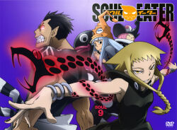 00s 1boy 3girls absurdres animal_hat biceps black_shirt blonde_hair bones_(company) boots braid breasts claws clenched_teeth dress eruka_frog free_(soul_eater) full_body glowing glowing_eyes grey_hair hat highres logo long_hair looking_at_another looking_back medusa_gorgon mizune_(soul_eater) multiple_girls muscular night official_art otama_jackson outstretched_arms pink_hair pointy_ears polka_dot polka_dot_dress prison_clothes purple_background scan scared sharp_teeth shirt short_hair simple_background soul_eater standing teeth witch witch_hat