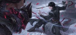 Rule 34 | 2boys, absurdres, architecture, black boots, black gloves, black hair, black robe, boots, brick floor, cloud, cloudy sky, commentary, dark-skinned male, dark skin, east asian architecture, falling petals, fighting stance, foot out of frame, gloves, grey robe, grey sky, hair between eyes, highres, holding, holding sword, holding weapon, light particles, long hair, looking at another, male focus, multiple boys, parted lips, petals, purple eyes, purple ribbon, red petals, ribbon, robe, shin sangoku musou, shin sangoku musou origins, short hair, sky, standing, sword, sword tassel, teeth, upper body, ven0305, weapon, ziluan (shin sangoku musou)