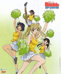 4girls :d absurdres antenna_hair arm_up bare_shoulders black_eyes black_footwear black_hair blonde_hair bob_cut bow bra bra_peek breasts brown_eyes cheering cheerleader closed_mouth collarbone copyright_name copyright_notice feet_out_of_frame foot_up from_side green_background hair_bow hair_ribbon hair_slicked_back high_kick highres holding holding_pom_poms kicking knee_up lala_gonzalez large_breasts long_hair looking_at_viewer looking_to_the_side loose_socks medium_breasts miniskirt multiple_girls non-web_source official_art open_mouth orange_ribbon pleated_skirt pom_pom_(cheerleading) pom_poms ponytail poster_(medium) promotional_art purple_bow ribbon sawachika_eri scan school_rumble shoes short_hair skirt small_breasts smile sneakers socks standing standing_on_one_leg suou_mikoto_(school_rumble) tank_top translated tsukamoto_tenma underwear watanabe_hajime wavy_hair white_background white_bra white_skirt white_socks yellow_tank_top
