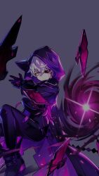 1boy add_(elsword) android animal_ear_hood animal_ears black_boots black_coat black_gloves black_hole black_pants black_sclera black_shirt boots cat_ears closed_mouth coat colored_sclera crossed_bangs elsword expressionless fake_animal_ears fighting_stance floating foot_out_of_frame gloves grey_background hair_between_eyes high_heel_boots high_heels highres hood hood_up hooded_coat hwansang light_frown light_particles long_sleeves looking_at_viewer magic male_focus mismatched_sclera official_art open_clothes open_coat pants purple_coat purple_eyes robot second-party_source shirt short_hair simple_background solo two-sided_coat two-sided_fabric white_hair
