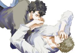 2boys black_hair black_shirt brown_hair closed_eyes collared_shirt commentary_request covering_face curtained_hair haikyuu!! hk_smith_man holding_hands kiss kissing_hand long_sleeves lying lying_on_person male_focus multiple_boys on_back open_collar parted_lips sakusa_kiyoomi shirt short_hair simple_background ushijima_wakatoshi wavy_hair white_background white_shirt wing_collar yaoi