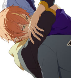 2boys aoyagi_touya arms_around_neck blonde_hair blue_hair commentary double-parted_bangs earrings fingernails green_eyes hair_between_eyes hashtag-only_commentary highres hood hood_down hoodie hug jewelry layered_clothes long_sleeves male_focus multicolored_hair multiple_boys orange_hair piercing project_sekai ray_(lthenray) shinonome_akito simple_background split-color_hair streaked_hair stud_earrings upper_body white_background yaoi