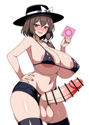 1girl absurdres black_bra black_thighhighs blush bow bra breasts brown_hair collarbone commission condom futanari highres holding holding_condom huge_breasts midriff navel open_clothes open_shorts penis pink_nails pixiv_commission short_hair shorts side_ponytail simple_background smile solo ssaf_seibeupail testicles textless_version thick_thighs thighhighs thighs touhou underwear usami_renko white_background white_bow