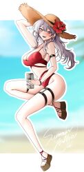 1girl absurdres beach beer_can bikini blush breasts can cleavage day drink_can flower goddess_of_victory:_nikke grey_hair hair_ornament hat hat_flower highres large_breasts long_hair looking_at_viewer messy_hair nail_polish navel ocean open_mouth red_bikini red_nails sharp_teeth smile solo straw_hat sun_hat swimsuit teeth toenail_polish toenails yellow_eyes ymr_yamero yulha_(nikke)