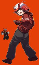 1boy armor baseball_cap black_pants brown_eyes brown_hair brown_shoes cigarette commentary commission counter-strike_(series) counter-strike_2 dagger english_commentary from_behind full_body hat helmet highres holding holding_dagger holding_knife holding_weapon hood hood_down hoodie hugo_(rushbordie) japanese_armor kabuto_(helmet) knife looking_at_viewer male_focus open_mouth orange_background pants player_character_(roblox) red_hoodie reverse_grip roblox shoes short_hair simple_background solo sweatpants weapon