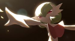 1girl arms_up bare_shoulders black_background blurry bob_cut colored_skin depth_of_field dress elbow_gloves female_focus flat_chest gardevoir gen_3_pokemon get gloves green_hair hair_between_eyes highres lens_flare light_particles looking_afar mega_gardevoir mega_pokemon nintendo outstretched_arms parted_lips pokemon pokemon_(creature) red_eyes rend short_hair simple_background solo standing strapless strapless_dress teeth upper_body white_dress white_gloves white_skin