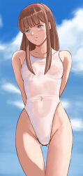 1girl arm_behind_back blue_eyes blue_sky breasts brown_hair cloud collarbone commentary competition_swimsuit cowboy_shot dead_or_alive gluteal_fold hairband highleg highleg_one-piece_swimsuit highres hitomi_(doa) long_hair looking_to_the_side medium_breasts one-piece_swimsuit pink_hairband popo_agaga see-through_clothes sky solo standing swimsuit white_one-piece_swimsuit