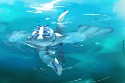 absurdres blue_theme commentary_request creatures_(company) day game_freak gen_2_pokemon highres legendary_pokemon lugia nintendo no_humans outdoors partially_submerged pecohophop pokemon pokemon_(creature) ripples signature solo swimming toes water