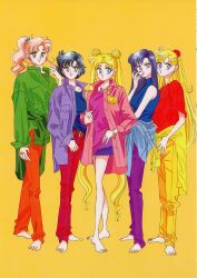 Rule 34 | 1990s (style), 5girls, absurdres, aino minako, artbook, barefoot, bishoujo senshi sailor moon, black hair, blonde hair, blue eyes, blue hair, closed mouth, double bun, earrings, full body, green eyes, green jacket, group picture, hair bun, highres, hino rei, incredibly absurdres, jacket, jewelry, kino makoto, long hair, mizuno ami, multiple girls, official alternate hair color, official alternate hairstyle, official art, orange nails, orange pants, pants, pink hair, pink jacket, pink lips, pink nails, ponytail, purple jacket, purple pants, red nails, red pants, retro artstyle, scan, scan artifacts, short hair, sleeveless, sleeveless turtleneck, smile, split mouth, takeuchi naoko, tsukino usagi, turtleneck, twintails, yellow background, yellow jacket, yellow pants