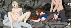 2boys 2girls anal blonde_hair breasts brown_hair highres hoshigaki_kisame multiple_boys multiple_girls naruto_(series) naruto_shippuuden nipples nude open_mouth penis pussy rape terumi_mei tsunade_(naruto) uchiha_madara vaginal voidy
