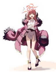 :d ^^^ absurdres arms_under_breasts aru_(blue_archive) belt black_shoes black_skirt blue_archive bow breasts buttons coat coat_on_shoulders collared_shirt commentary crossed_arms demon_horns dot_nose earrings english_commentary eyebrows_hidden_by_hair fang footwear_bow front_slit full_body fur-trimmed_coat fur_trim gold_bow grin hair_over_shoulder halo high_heels highres horns jewelry long_coat long_eyelashes long_hair long_legs long_sleeves looking_at_viewer medium_breasts miniskirt narrowed_eyes neck_ribbon open_belt open_clothes open_coat open_mouth orange_eyes pink_coat pink_hair raised_inner_eyebrows red_ribbon ribbon shirt shirt_tucked_in shoes sidelocks silver_earrings simple_background skin_fang skirt smile smug standing standing_on_one_leg subu_art thick_eyelashes thighs white_background white_shirt
