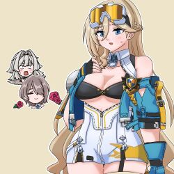 3girls black_bra black_gloves blonde_hair blue_eyes blue_jacket blush bra breasts dress durandal_(honkai_impact) durandal_(reign_solaris)_(honkai_impact) erdos_helia flower gloves goggles goggles_on_head grey_hair hair_intakes hair_over_one_eye highres honkai_(series) honkai_impact_3rd jacket large_breasts long_hair mokkyo_(motkyo) multiple_girls open_mouth red_flower red_rose rita_rossweisse rose self_cosplay short_hair simple_background sweatdrop undersized_clothes underwear very_long_hair white_dress