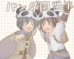 Rule 34 | &gt; &lt;, :d, alchemist (ragnarok online), arms up, belt, blacksmith (ragnarok online), blue cape, blue pants, brown belt, brown cape, brown coat, brown gloves, brown hair, cape, closed eyes, coat, commentary request, cowboy shot, fingerless gloves, gloves, green hair, long sleeves, male focus, open mouth, panda hat, pants, polka dot, polka dot background, ragnarok online, sharari, short hair, short sleeves, smile, translation request, two-sided cape, two-sided fabric, unbuttoned, unbuttoned shirt, xd