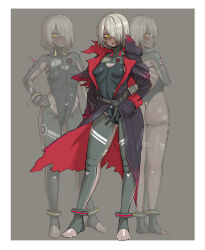 Rule 34 | 1girl, 621 (armored core vi), absurdres, armored core, armored core vi: fires of rubicon, blush, bodysuit, breasts, character name, closed mouth, commentary, commentary request, covered navel, dark-skinned female, dark skin, ebonyxh, english commentary, eyes visible through hair, freckles, from behind, full body, grey background, hair over one eye, highres, looking at viewer, looking back, mecha pilot suit, messy hair, parted lips, pointy breasts, ringed eyes, short hair, simple background, skin tight, small breasts, solaria (ebonyxh), solo, standing, sweat, white background, white hair, yellow eyes