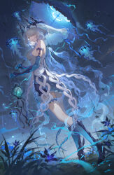 1girl absurdres bare_shoulders blue_eyes blue_gloves boots breasts closed_mouth dress elbow_gloves full_body gloves grey_hair hair_over_one_eye high_heels highres holding holding_lamp holding_umbrella jellyfish kerosene_lamp long_hair looking_at_viewer night night_sky original outdoors rain rita_rossweisse sideboob sky snowcake47 solo star_(sky) umbrella veil