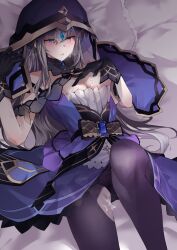 Rule 34 | 1girl, absurdres, adina savic, bare shoulders, bed sheet, black collar, black gloves, black panties, black pantyhose, black survival, blue eyes, blue gemstone, blush, breasts, cleavage, collar, commentary, commission, crying, crying with eyes open, cum, cum on body, cum on breasts, cum on clothes, cum on legs, cum on upper body, detached collar, dress, empty eyes, eternal return: black survival, facial, gem, gloves, gold trim, gradient clothes, gradient dress, grey hair, haagyu, hand on own chest, highres, knee up, korean commentary, long hair, lying, medium breasts, on back, on bed, open mouth, panties, pantyhose, pillow, pixiv commission, purple dress, purple veil, sleeveless, sleeveless dress, solo, tears, torn clothes, torn pantyhose, underwear, veil