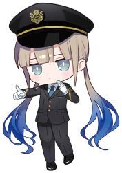 Rule 34 | 1boy, artist request, black hat, black jacket, black pants, black shoes, black suit, blue hair, captain nemo (fate), chibi, chibi only, collared shirt, fate/grand order, fate (series), formal clothes, full body, gloves, gradient hair, green eyes, hat, holding, holding whistle, jacket, long hair, long sleeves, looking at viewer, male focus, multicolored hair, necktie, nemo (fate), official art, pants, peaked cap, pointing, promotional art, second-party source, shirt, shoes, smile, solo, standing, standing on one leg, suit, train conductor, transparent background, twintails, whistle, white gloves, white shirt