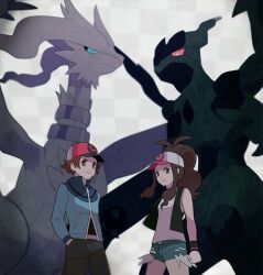 1boy 1girl antenna_hair black_pants black_shirt black_vest blue_jacket blurry brown_eyes brown_hair closed_mouth gen_5_pokemon green_shorts hand_in_pocket hat hilbert_(pokemon) hilda_(pokemon) jacket jaho legendary_pokemon long_hair nintendo open_clothes open_vest pants poke_ball_print pokemon pokemon_(creature) pokemon_bw ponytail reshiram shirt short_hair short_shorts shorts sidelocks vest white_background white_shirt zekrom zipper_pull_tab