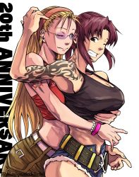 Rule 34 | 2girls, alternate costume, anniversary, antenna hair, arm tattoo, armpits, belt, black lagoon, black tank top, blonde hair, blue eyes, bracelet, breast press, breasts, brown hair, casual, cleavage, commentary request, covered erect nipples, crop top, cutoffs, denim, denim shorts, eda (black lagoon), fang, fingernails, grabbing from behind, grey eyes, groping, hair pulled back, hairband, highres, jewelry, large breasts, long hair, loose belt, medium hair, midriff, mimiyama kiichi, multiple girls, neck tattoo, no bra, one eye closed, pearl bracelet, pink-tinted eyewear, pink-tinted glasses, ponytail, red hairband, red tank top, revy (black lagoon), rimless eyewear, shorts, shoulder tattoo, sleeveless, strap gap, sunglasses, tank top, tattoo, tinted eyewear, toned, twitter username, white background, yuri
