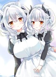 2girls animal_ears apron black_dress black_ribbon blush breasts brown_eyes closed_mouth cow_ears cow_girl cow_horns dress frills grey_hair hair_between_eyes hat highres horns juliet_sleeves large_breasts long_sleeves looking_at_viewer maid maid_apron maid_headdress milltina_(vrchat) multiple_girls oppai_loli orange_eyes puffy_sleeves ribbon smile twintails vrchat vrcsawadariku75 white_apron white_hair