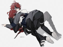 2boys ahoge berldo black_boots black_pants black_streaks bleeding blood blood_on_clothes bloody_knife blue_eyes blue_jacket boots boy_on_top chinese_commentary dual_persona geta gloves grey_jacket highres hood hoodie injury jacket knife last_defense_academy_school_uniform looking_at_another male_focus multicolored_hair multicolored_jacket multiple_boys pants pool_of_blood red_hair school_uniform shoes short_hair simple_background streaked_hair sumino_takumi the_hundred_line_-last_defense_academy- thigh_strap two-tone_jacket weapon white_background white_gloves white_hoodie white_shoes