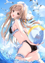 1girl :d bare_legs bare_shoulders barefoot bird black_panties breasts brown_eyes brown_hair cloud cloudy_sky foot_out_of_frame highres irori long_hair looking_at_viewer looking_back medium_breasts ocean open_mouth original outdoors panties sky smile solo underwear very_long_hair wading waves white_headdress yellow_eyes