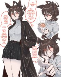 Rule 34 | 1girl, absurdres, agnes tachyon (umamusume), alternate costume, black coat, brown hair, coat, commentary, docileart, english commentary, english text, grey sweater, highres, long sleeves, orange eyes, pov, skirt, solo, speech bubble, sweater, turtleneck, turtleneck sweater, umamusume