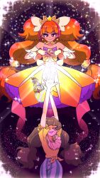 2girls absurdres amanogawa_kirara bow bowtie brown_hair buttons closed_eyes closed_mouth commentary_request cowboy_shot crown cure_twinkle dress elbow_gloves gloves go!_princess_precure highres long_hair looking_at_viewer magical_girl muimui_(4242564muimui) multiple_girls open_mouth pants precure purple_bow purple_bowtie purple_eyes purple_pants shirt smile strapless strapless_dress twintails very_long_hair white_gloves yellow_dress yellow_shirt