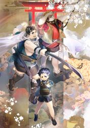Rule 34 | 3boys, absurdres, arrow (projectile), blade, bow (weapon), chinese commentary, dagger, drawing bow, echigo (tamacolle), highres, holding, holding arrow, holding bow (weapon), holding dagger, holding knife, holding sword, holding weapon, kaga (tamacolle), katana, knife, looking at viewer, male focus, multiple boys, quirrel (gharnedanshyo), sword, tamacolle, torii, wakasa (tamacolle), weapon, yumi (bow)