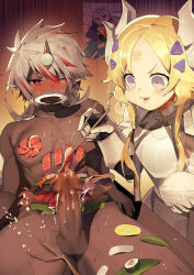1boy 1girl absurdres albaz_(yu-gi-oh!) arm_up armor arms_at_sides blonde_hair blue_eyes blush bowl branch breastplate breasts censored chopsticks clenched_teeth commission cowboy_shot cum dark-skinned_male dark_skin dogmatika_ecclesia_the_virtuous duel_monster eating ecclesia_(yu-gi-oh!) ejaculation erection facial_mark fallen_of_albaz fish_(food) food food_on_body forehead_mark fruit gauntlets hair_ornament hetero highres holding holding_bowl holding_chopsticks indoors kitkallos_(yu-gi-oh!) lemon lemon_slice long_hair lying mosaic_censoring multicolored_hair nantaimori nigirizushi nude on_back one_eye_closed open_mouth penis pixiv_commission pointy_ears red_eyes red_hair rice rice_bowl ro_g_(oowack) sexually_suggestive short_hair shoulder_armor small_breasts sushi sweat tearlaments_kitkallos teeth white_hair yu-gi-oh!
