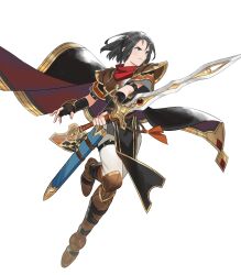 Rule 34 | 1girl, armor, attack, black cape, black eyes, black gloves, black hair, breastplate, cape, fingerless gloves, fire emblem, fire emblem: thracia 776, fire emblem heroes, gloves, gold trim, highres, holding, holding sword, holding weapon, machyua (fire emblem), nintendo, non-web source, official art, pelvic curtain, red cape, scabbard, sheath, short hair, shoulder pads, solo, sword, two-sided cape, two-sided fabric, weapon