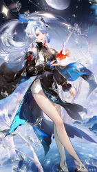1girl bare_legs bare_shoulders black_dress black_sleeves blue_bow bow brown_eyes bug butterfly chinese_clothes chinese_commentary cloud commentary_request detached_sleeves dress earrings expressionless eyelashes fish floating_hair flying_fish full_body genshin_impact gibbous_moon goldfish hair_bow hair_ornament highres insect jewelry light_particles lipstick long_hair long_sleeves looking_at_viewer low-tied_long_hair makeup moon night night_sky official_alternate_costume outdoors parted_lips pink_lips puffy_long_sleeves puffy_sleeves red_ribbon ribbon ripples shenhe_(frostflower_dew)_(genshin_impact) shenhe_(genshin_impact) sky sleeve_ribbon sleeves_past_wrists solo swept_bangs tassel tassel_earrings turtleneck turtleneck_dress two-tone_dress very_long_hair walking walking_on_liquid water watermark weibo_watermark white_dress white_hair ye_dian_pikaqiu