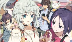 1boy 1other 2girls ahoge androgynous bare_shoulders black_eyes black_hair breasts brown_eyes brown_hair choker collared_shirt earrings fate/grand_order fate/samurai_remnant fate_(series) green_eyes jewelry long_hair medium_breasts miyamoto_iori_(fate) multiple_girls off_shoulder open_mouth overalls parted_bangs pink_shirt ponytail purple_hair saipaco shirt short_hair sidelocks smile ushi_gozen_(fate) white_hair white_shirt yamato_takeru_(fate) yui_shousetsu_(fate)