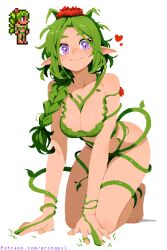 1girl all_fours archapxl bare_shoulders barefoot braid braided_ponytail breasts cleavage closed_mouth commentary dryad_(terraria) english_commentary flower freckles freckles_on_breasts green_hair hair_flower hair_ornament heart highres long_hair looking_at_viewer medium_breasts official_art_inset plant plant_clothing pointy_ears purple_eyes red_flower sidelocks simple_background smile solo terraria vines watermark web_address white_background
