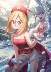 1girl blonde_hair blue_eyes bracelet chinese_commentary closed_mouth collar commentary_request dated day eyelashes gen_4_pokemon glaceon green_eyes hair_between_eyes hairband hand_up highres hisuian_poke_ball holding holding_poke_ball hooh_lin irida_(pokemon) jewelry leaning medium_hair nintendo outdoors poke_ball pokemon pokemon_(creature) pokemon_legends:_arceus red_hairband sash shirt shorts signature smile strapless strapless_shirt waist_cape