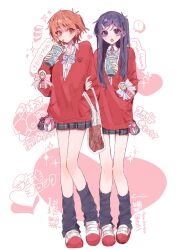 ! 2004 2girls 9_jira :o artist_name bag black_leg_warmers black_skirt blue_bow blue_eyes blue_hair bow brown_eyes brown_hair character_name collared_shirt commentary_request copyright_name cup disposable_cup drink drinking drinking_straw drinking_straw_in_mouth futari_wa_precure hair_ornament hairclip hand_in_pocket happy_anniversary heart highres holding holding_another&#039;s_arm holding_cup leg_warmers long_hair long_legs long_sleeves looking_at_another looking_at_viewer misumi_nagisa multiple_girls notice_lines open_collar open_mouth parted_bangs pink_background plaid_bow plastic_bag pleated_skirt precure red_sweater school_uniform shirt shoes short_hair signature skirt socks sparkle speech_bubble spoken_exclamation_mark sweater two-tone_background uwabaki verone_gakuin_school_uniform white_background white_shirt white_socks wing_collar yukishiro_honoka