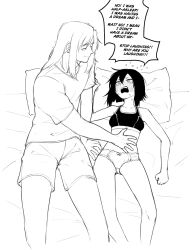 1boy 1girl bishounen blush bow bow_panties breasts clothes_grab commentary embarrassed english_commentary english_text flying_sweatdrops greyscale hand_on_another&#039;s_stomach highres lying medium_hair monochrome on_back open_mouth original panties shirt shorts sleeve_grab small_breasts smile sports_bra sweat t-shirt underwear underwear_only yblndr