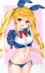 1girl absurdres animal_ear_hairband animal_ears bikini bikini_bottom_only blonde_hair blue_bikini blue_hairband blue_shirt blush border bow bowtie breasts button_gap collared_shirt colorful commentary_request cowboy_shot crop_top cropped_shirt eyelashes fake_animal_ears fingernails hair_between_eyes hair_over_shoulder hairband hand_up highres hiro_(dolche-101-hiro) large_breasts layered_shirt long_bangs long_hair long_sidelocks looking_at_viewer marker_(medium) multicolored_shirt navel no_pants open_mouth orange_eyes original outside_border pink_background rabbit_ear_hairband rabbit_ears red_bow red_bowtie shirt short_sleeves side-tie_bikini_bottom sidelocks smile solo standing stomach swimsuit teeth traditional_media twintails upper_teeth_only very_long_hair white_border white_shirt wing_collar