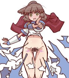 Rule 34 | 1girl, armor, blue armor, blunt bangs, blush, bottomless, brown eyes, brown hair, cape, exploding clothes, fingerless gloves, giga.linda, gloves, high ponytail, highres, nose blush, pointing, pointing at viewer, ponytail, red cape, spread pussy, sweatdrop, white background