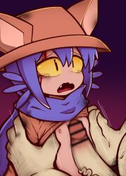 1boy 1girl animal_ear_headwear animal_ears bar_censor blue_hair blue_scarf breasts breasts_squeezed_together brown_shirt censored chain chained clothes_lift colored_sclera fake_animal_ears fang flat_chest furrowed_brow gender_request grabbing_another&#039;s_shoulder gradient_background hair_between_eyes hat highres loli long_sleeves looking_at_another male_pubic_hair motion_blur motion_lines naizuri nekosatsu1 niko_(oneshot) nipples nose oneshot_(game) open_mouth paizuri penis pubic_hair rape restrained sad scarf shirt shoulder_grab sidelocks simple_background tears veins veiny_penis worried yellow_eyes yellow_sclera
