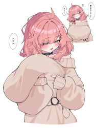 1girl absurdres ahoge black_choker blush braid breast_lift breasts choker dress eyebrows_hidden_by_hair fang hair_ornament hairclip heart heart_choker heart_in_eye highres huge_breasts kozakura_men_(warabi_mochi_(w4rabimochi)) long_sleeves medium_hair mole multiple_views original pink_eyes pink_hair simple_background skin_fang sleeves_past_wrists sweater sweater_dress symbol_in_eye warabi_mochi_(w4rabimochi) white_background