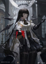 Rule 34 | 1girl, absurdres, arknights, belt, black gloves, black hair, black halo, black thighhighs, black wings, book, candle, candlestand, cathedral, chain, character name, closed eyes, collared jacket, commentary request, cross, dated, detached wings, fanny pack, garter straps, gloves, halo, highres, hime cut, holding, holding book, indoors, jacket, long hair, mole, mole under eye, pleated skirt, sidelocks, signature, skirt, solo, standing, thighhighs, very long hair, virtuosa (arknights), weibo username, window, wings, zhai
