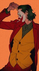 Rule 34 | 1boy, batman (series), chanko neru, closed eyes, collared shirt, cowboy shot, dc comics, green hair, hair slicked back, jacket, makeup, male focus, orange background, red jacket, red lips, shirt, simple background, solo, the joker, vest, yellow vest