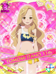 1girl akb0048 alternate_hairstyle arms_at_sides bikini brown_eyes brown_hair card_(medium) character_name cowboy_shot heart itano_tomomi_(akb0048) long_hair looking_at_viewer low_twintails navel non-web_source official_art open_mouth pink_background solo sparkle standing star_(symbol) straight-on swimsuit twintails upper_body wavy_hair