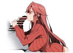 Rule 34 | 1boy, 1girl, aty (summon night), bar censor, batta 16-sei, border, breasts, censored, empty eyes, erection, fellatio, from side, hair behind ear, half-closed eyes, handjob, highres, large breasts, large penis, licking, licking penis, long hair, long sidelocks, long sleeves, narrowed eyes, no pupils, open mouth, oral, out of frame, penis, profile, raised eyebrows, red hair, red sweater, ribbed sweater, sidelocks, simple background, summon night, sweater, tongue, tongue out, turtleneck, two-handed handjob, upper body, white background, white border