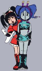 2girls :c :d android armor armored_dress bare_shoulders black_boots black_gloves black_skirt blue_skin boots colored_skin crop_top detached_sleeves dress earpiece elbow_gloves evila female_focus fighting_vipers frilled_dress frilled_skirt frills gloves hair_ornament headband headphones heart high_heels highres honey_(fighting_vipers) miniskirt multiple_girls open_mouth platform_heels sega selphkatsu shoulder_armor simple_background sketch skirt sleveless_shirt smile space_channel_5 twintails