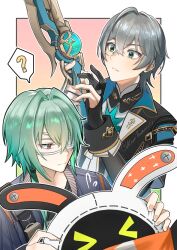 &gt;_&lt; 1other 2boys ? anaxa_(honkai:_star_rail) bandana bandana_around_neck bangboo_(zenless_zone_zero) black_gloves black_shirt blue_jacket border closed_mouth commentary cosplay costume_switch crossed_bangs crossover english_commentary eous_(zenless_zone_zero) gloves green_eyes green_hair grey_hair hair_between_eyes highres honkai:_star_rail honkai_(series) jacket kuro_tsubasa male_focus mihoyo multiple_boys orange_bandana personality_switch red_eyes shirt simple_background speech_bubble voice_actor_connection white_border wise_(zenless_zone_zero) zenless_zone_zero