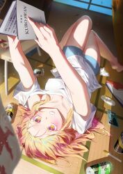 1girl absurdres ashtray barefoot blonde_hair blue_shorts blurry blurry_background blush book breasts character_request chichioya_ga_bishoujo_ni_natte_shimatte_iroiro_tsurai cigarette cigarette_pack collarbone commentary commentary_request energy_drink english_commentary full_body gradient_eyes gradient_hair hands_up highres holding holding_book knees_together_feet_apart light_particles long_hair looking_at_viewer lying medium_breasts miuweter7 mixed-language_commentary multicolored_eyes multicolored_hair on_back open_book paper parted_lips pink_eyes pink_hair saliva shirt shorts solo sparkle tears teeth two-tone_hair white_shirt window yellow_eyes